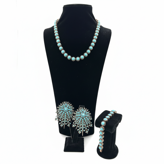 Turkuaz Taşlı Gümüş Rengi Komple Set