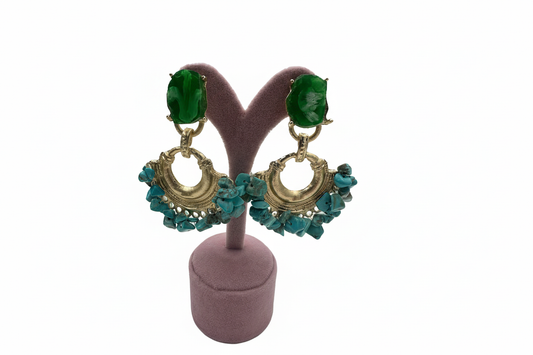 Altın Rengi Yeşil ve Turkuaz Taşlı Küpe