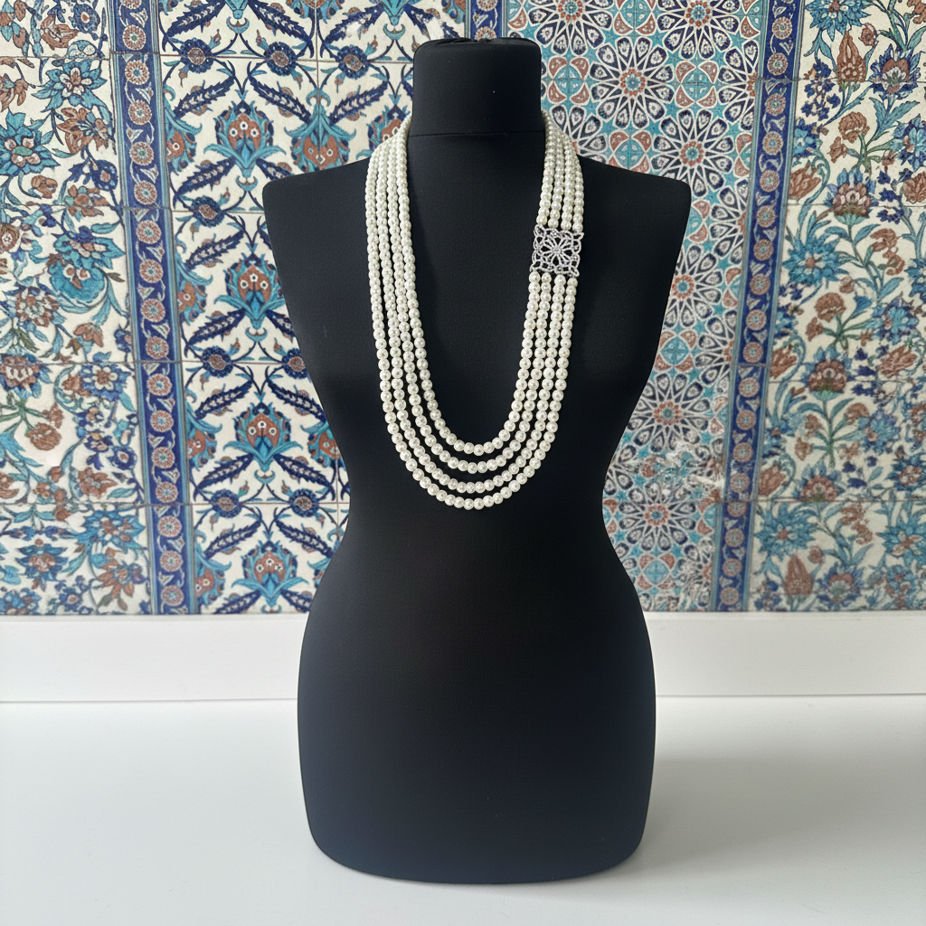 Çini desenli cam inci kolye - beyaz zemin